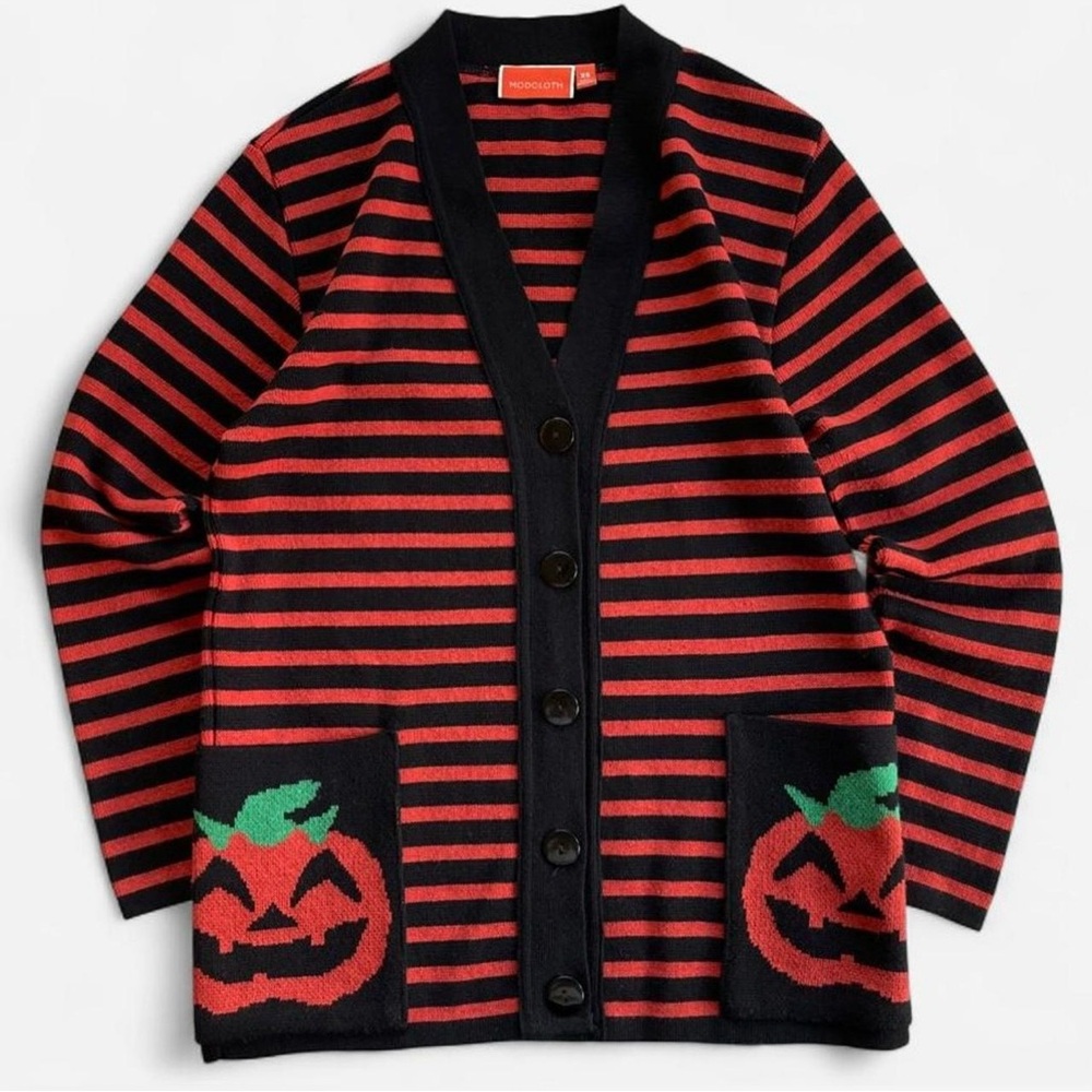 ModCloth For The Greater Gourd Orange & Black Striped Pumpkin Halloween Cardigan